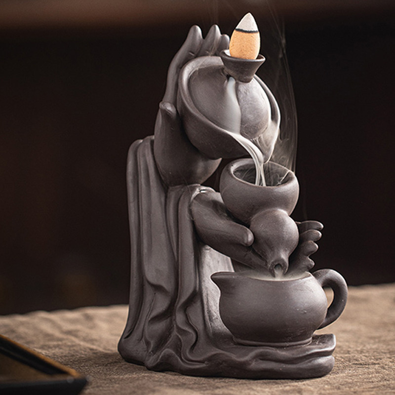 紫砂倒流香炉创意佛手悬壶香插回流茶壶流香炉禅意檀香炉招财摆件