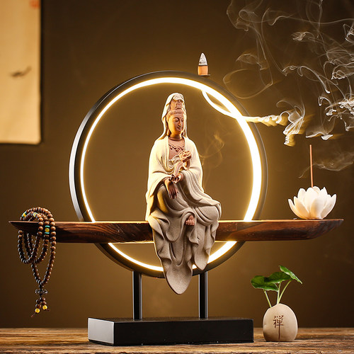 新中式观音菩萨如来佛像摆件禅意陶瓷倒流香炉客厅供奉摆设工艺品