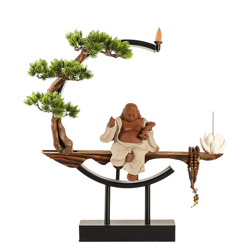 新中式禅意倒流香炉陶瓷弥勒佛客厅玄关居室紫砂摆件台灯香熏炉