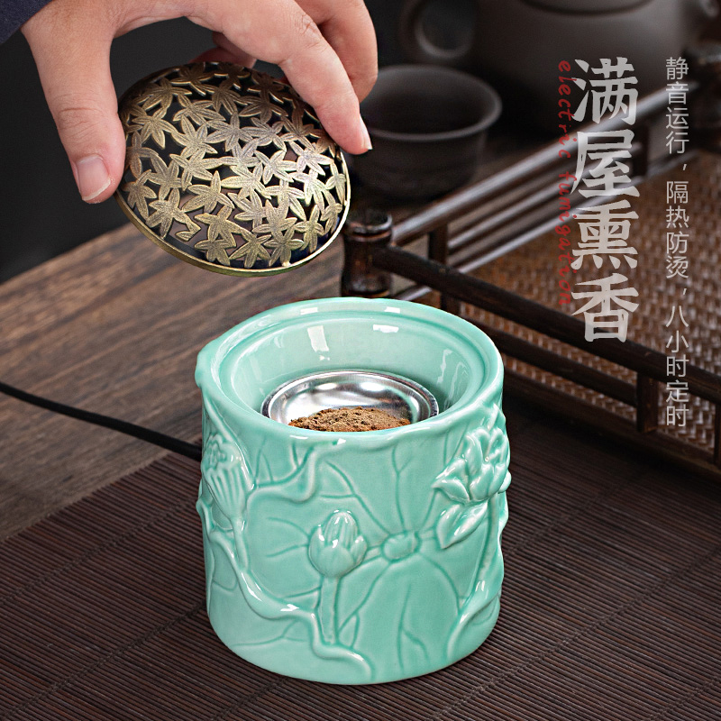 浮雕荷花电子香熏炉电薰香炉室内檀沉香熏香机家用插电调温加热