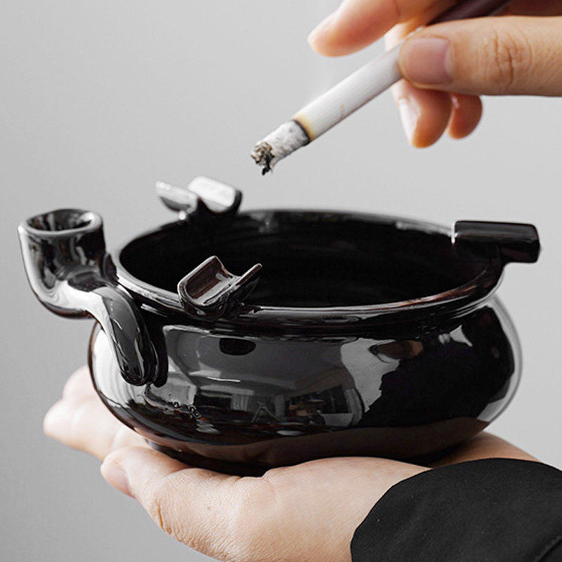 烟灰缸轻奢黑釉高级感潮流办公室茶几装饰摆件创意陶瓷烟斗烟缸