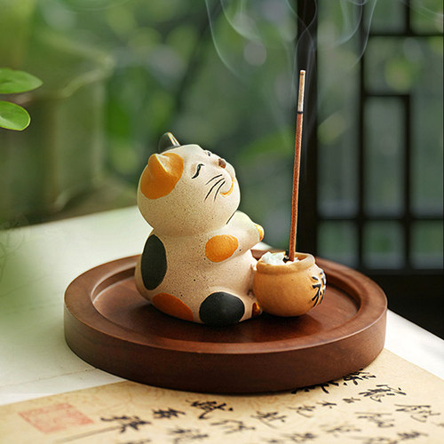 故宫招财猫线香插香托底座香薰炉茶桌装饰摆件手工陶瓷可爱小猫咪