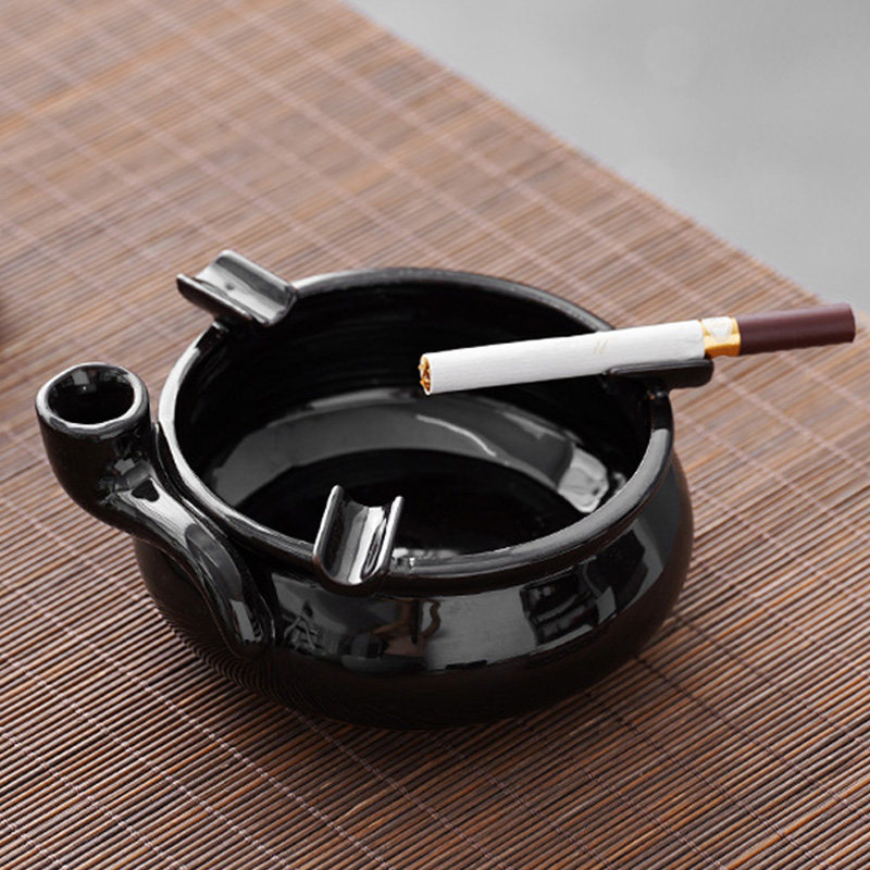 陶瓷烟斗烟灰缸办公室茶几高级感轻奢装饰黑釉烟缸个性潮流时尚
