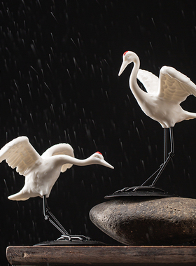 丹顶鹤白鹤动物摆设盆栽假山