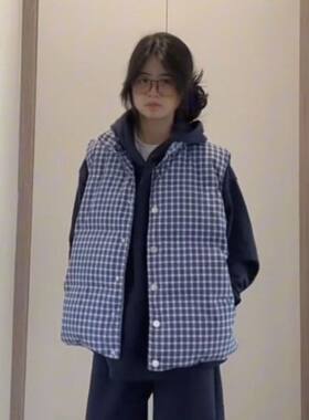 韩版学院风格纹加厚棉服马甲外套女学生秋冬宽松休闲保暖加厚棉袄