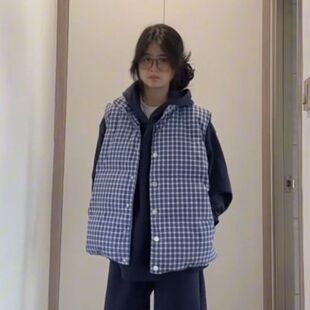 韩版学院风格纹加厚棉服马甲外套女学生秋冬宽松休闲保暖加厚棉袄