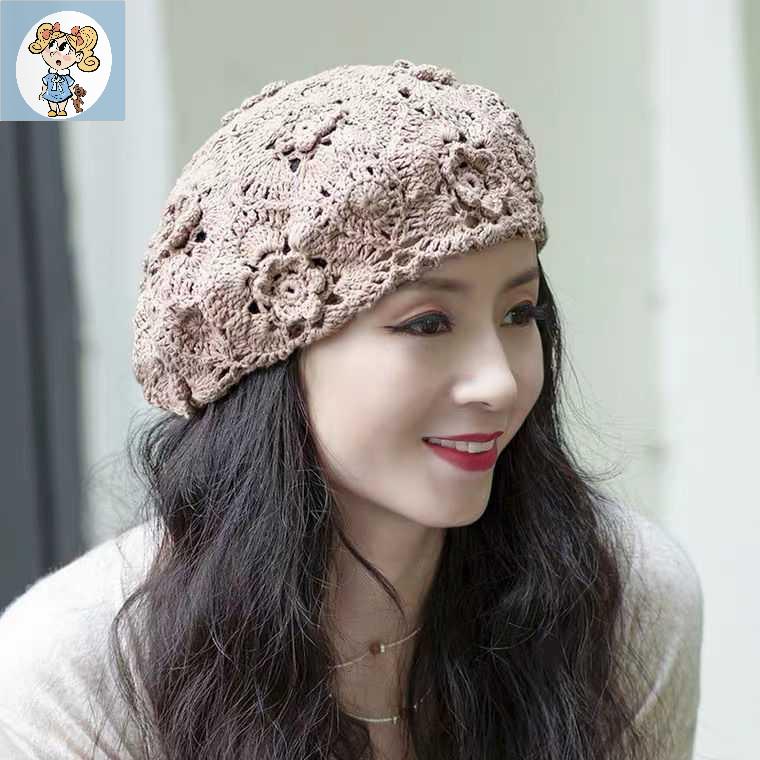 贝雷帽夏季薄款蕾丝镂空针织手工编织八角帽蓓蕾帽女士时g髦毛线