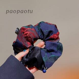 2026新潮复古玫瑰花拼色发圈女超仙气质大肠圈高端扎发女发绳头饰