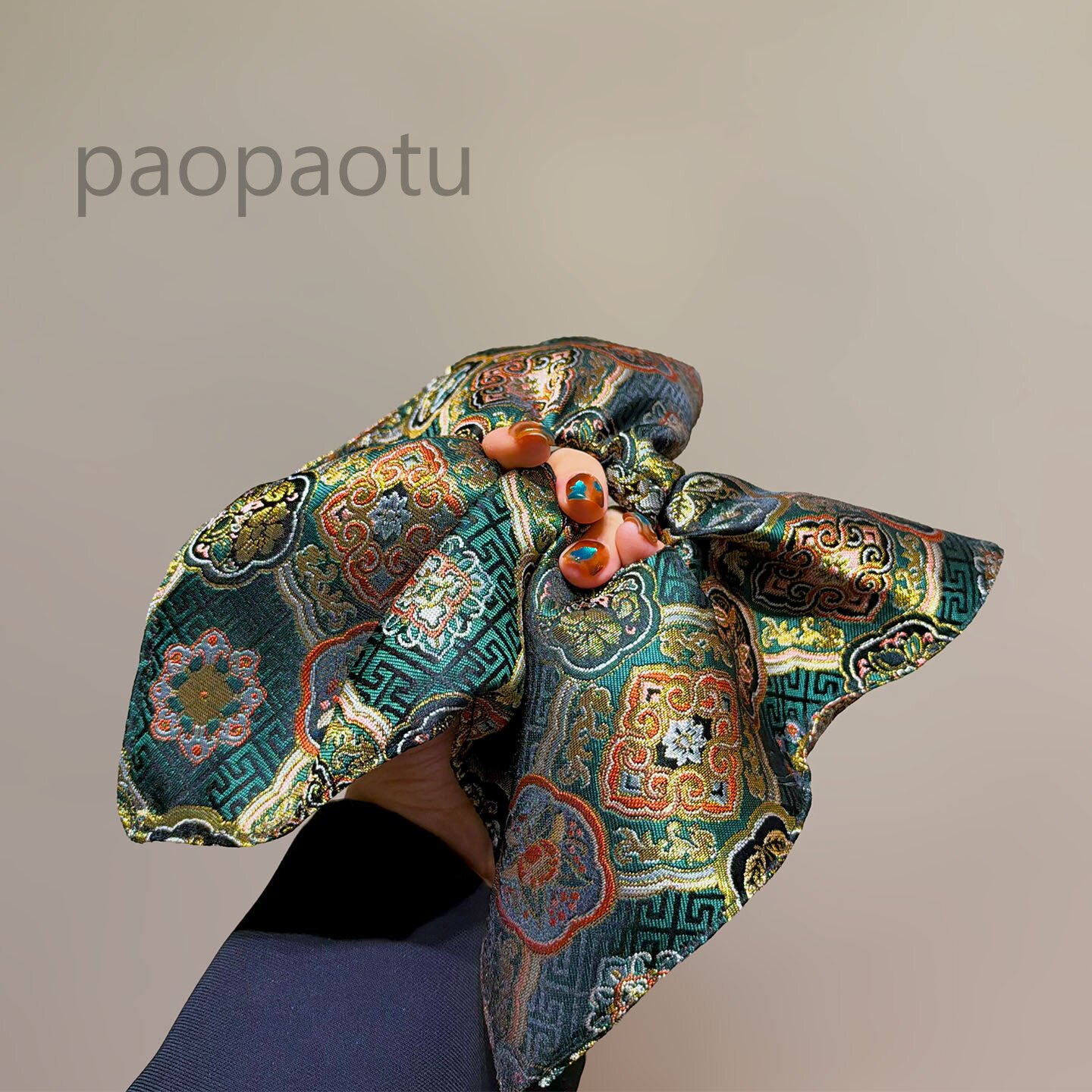 新中式绿底宝相花织锦方巾大肠发圈重工团花提花华贵旗袍汉服发饰
