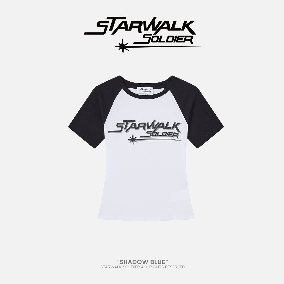 star walk soldier字母logo插肩短袖黑白撞色短款弹力修身t恤女