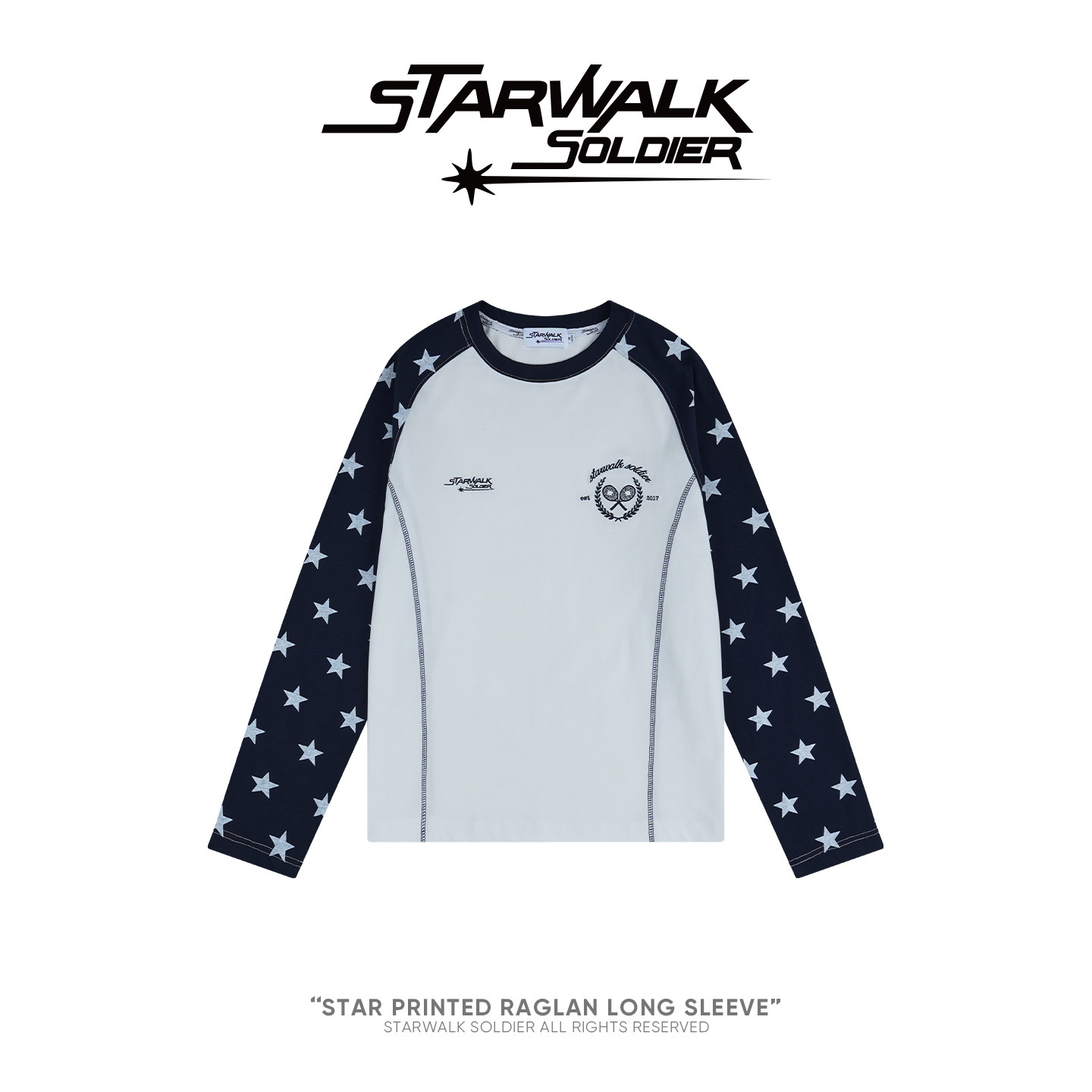 STARWALKSOLDIER*星星插肩"拼接长袖T恤"印花圆领休闲宽松男女款