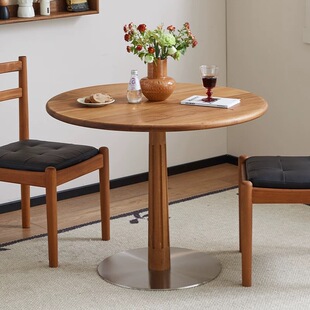 一堆木头侘寂风全实木金属阳台圆桌简约小户型缅甸柚木圆形餐桌子