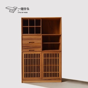 一堆木头宋氏美学格栅餐边柜缅甸柚木茶室高柜新中式实木多宝阁柜