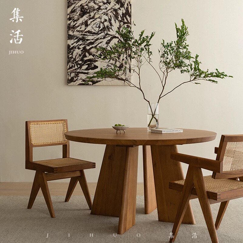 柚木餐桌/中古风实木餐桌/家用圆形吃饭桌/样板间餐桌/设计师款