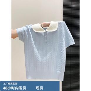韩系麻花翻领短袖针织衫女夏季新款学院风减龄polo衫百搭套头上衣