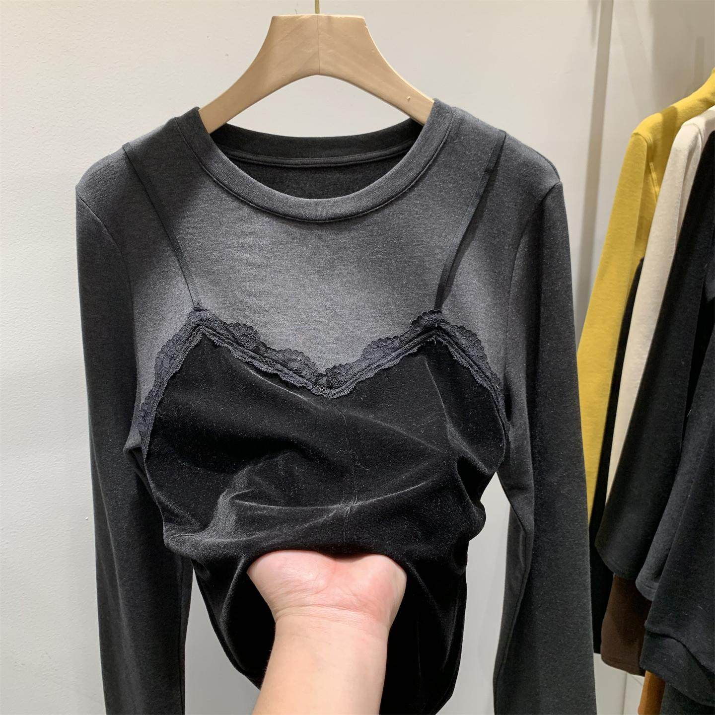 韩版修身显瘦圆领长袖加绒保暖t恤女春季款设计感吊带假两件小衫,模玩/动漫/周边/娃圈三坑/桌游,Cosplay女装/cos女装,淘宝优惠券,粉丝福利购,淘宝优惠卷