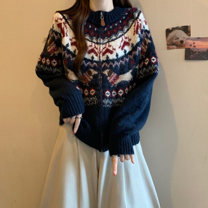 费尔岛圣诞提花拉链毛衣开衫女春季大码胖mm慵懒风外穿针织衫外套