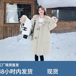 米白色羊羔毛拼接派克羽绒服2025冬季新款韩系百搭休闲风90绒外套