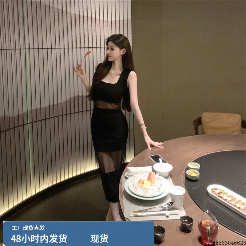 黑色针织背心连衣裙女夏新款设计感温柔风无袖拼接性感包臀长裙子