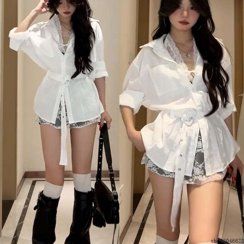 韩系慵懒松弛感上衣女早秋穿搭法式蕾丝白色衬衫外套收腰绝美衬衣