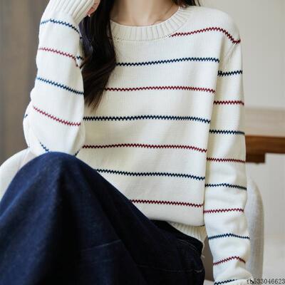 不起球100%纯棉条纹毛衣女2025秋冬新款重磅加厚针织衫打底上衣