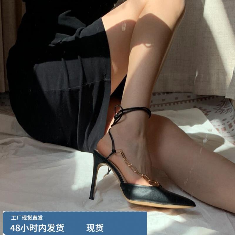 包头尖头细跟链条床上性感高跟单鞋侧空真皮一字带交叉绑带凉鞋女