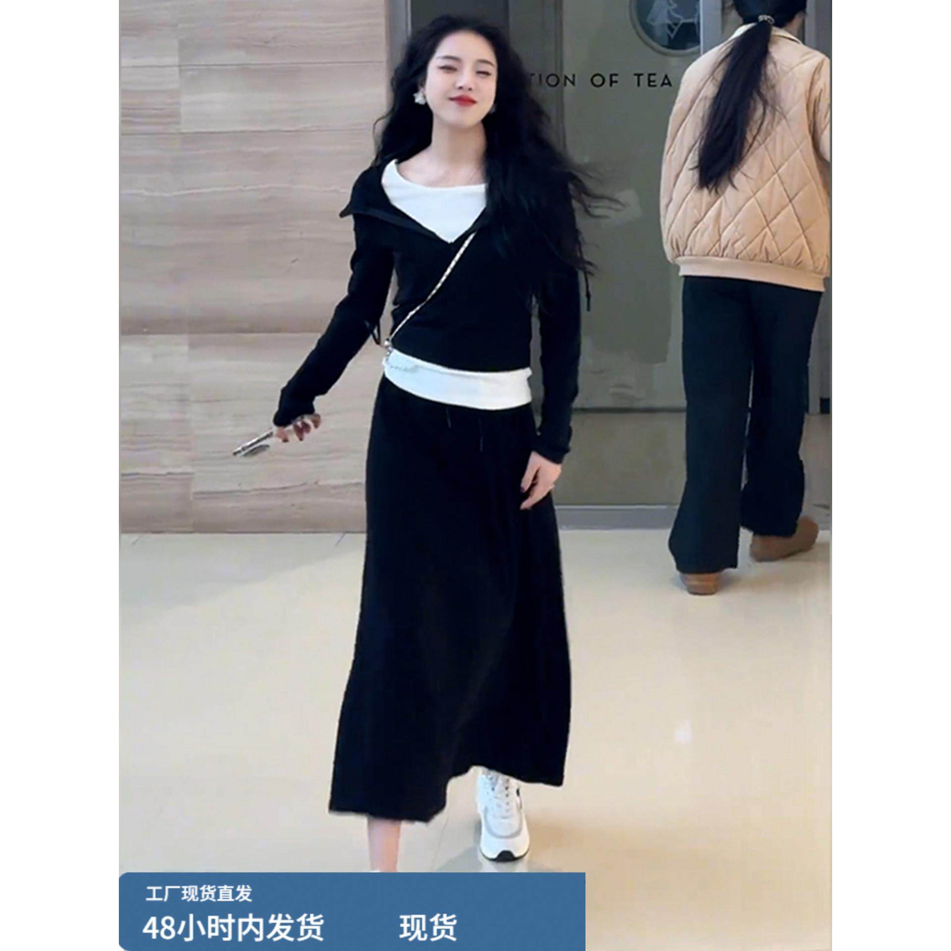 黑色假两件卫衣连衣裙子女秋季2025新款早秋韩系穿搭一整套装长裙,运动/瑜伽/健身/球迷用品,瑜伽短裙,淘宝优惠券,粉丝福利购,淘宝优惠卷