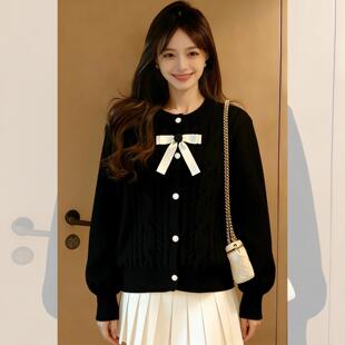绝美巨好看设计感黑色蝴蝶结针织开衫毛衣女款2026新款秋冬季穿搭