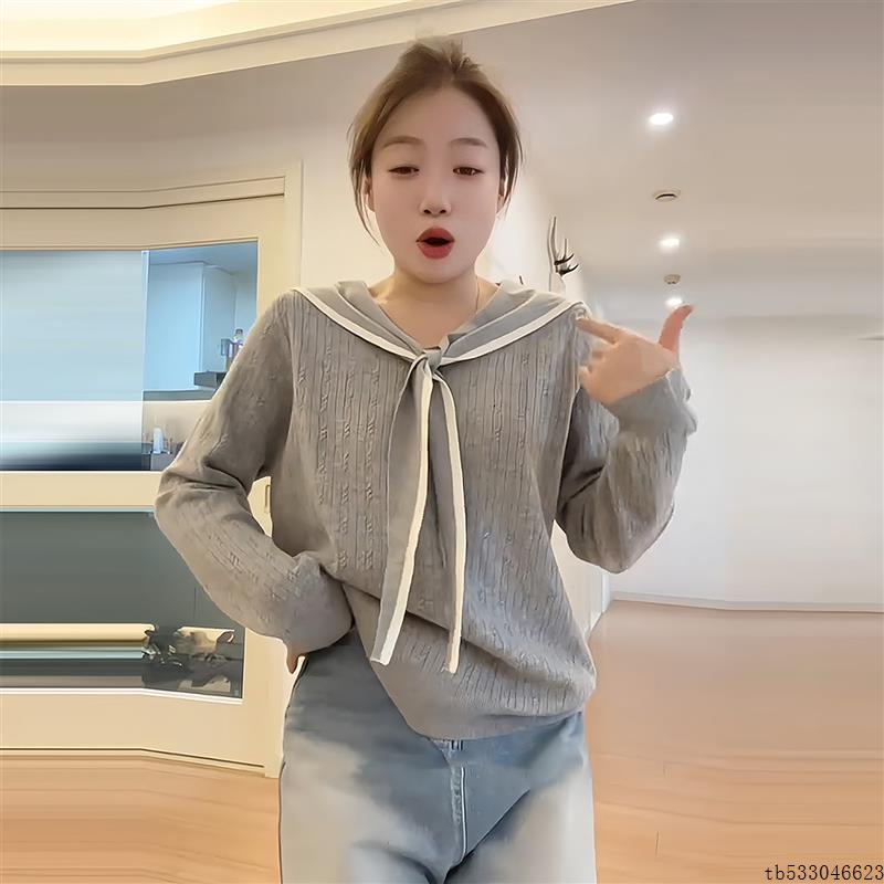 大码韩系海军领系带针织短袖T恤女秋冬胖mm显瘦遮肉百搭减龄上衣