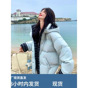 蓝色羽绒服女冬季2025新款韩系学院风格子拼接加厚白鸭绒连帽外套