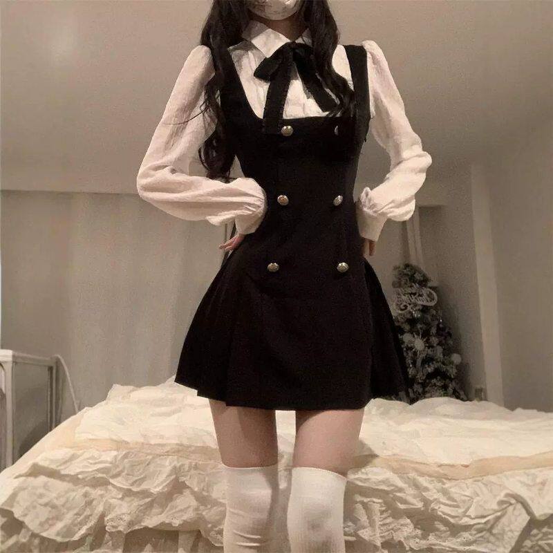 早秋法式学院风假两件套装黑色辣妹背带连衣裙子女初秋2024年新款