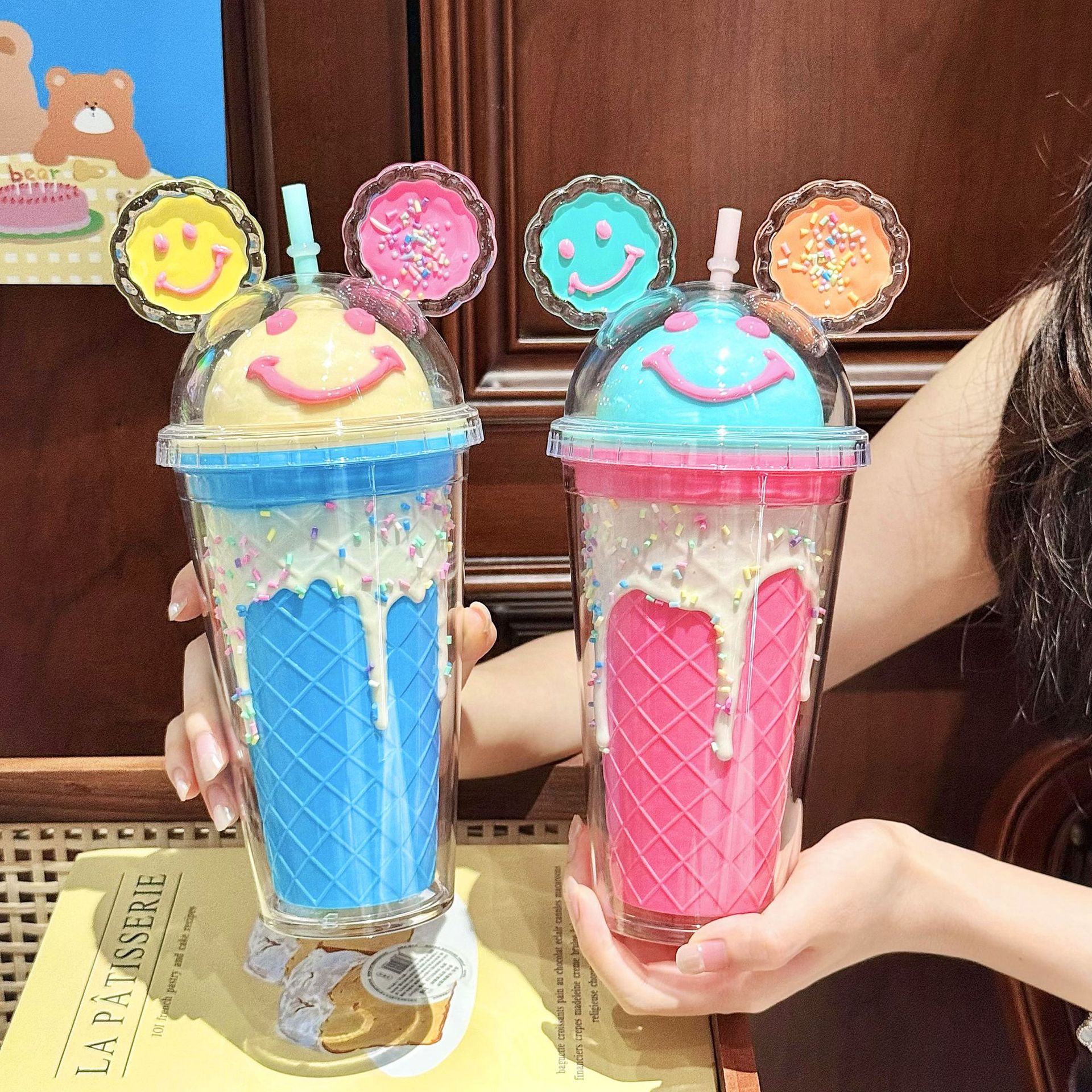 多巴胺笑脸吸管杯双层塑料水杯米奇盖子高颜值女生跨境杯子