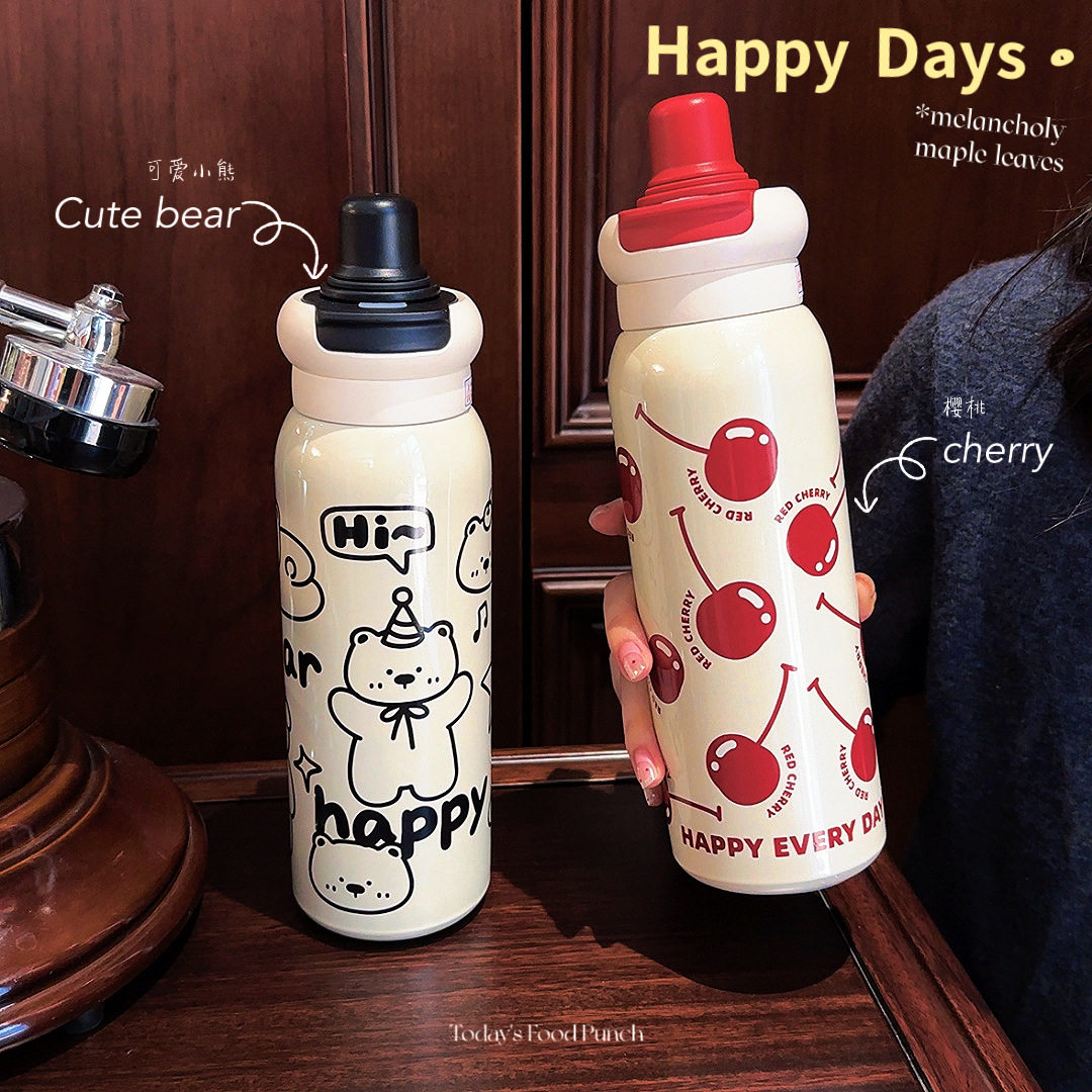 新款高颜值保温杯卡通学生双饮吸管杯便携可爱316不锈钢水杯送礼