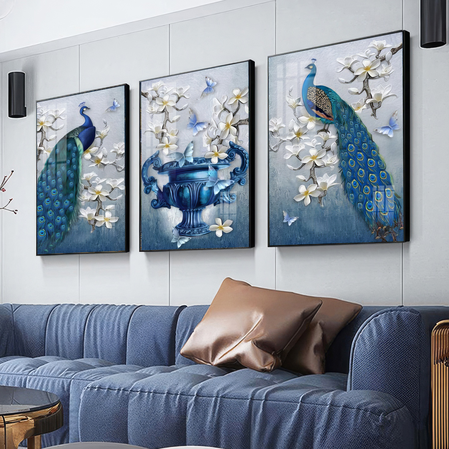 客厅装饰画沙发背景墙三联画现代简约曼妙的孔雀挂画高档轻奢壁画图片