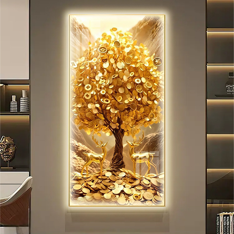 轻奢led发光玄关装饰画发财树入户简约现代挂画竖版走廊高档壁画图片