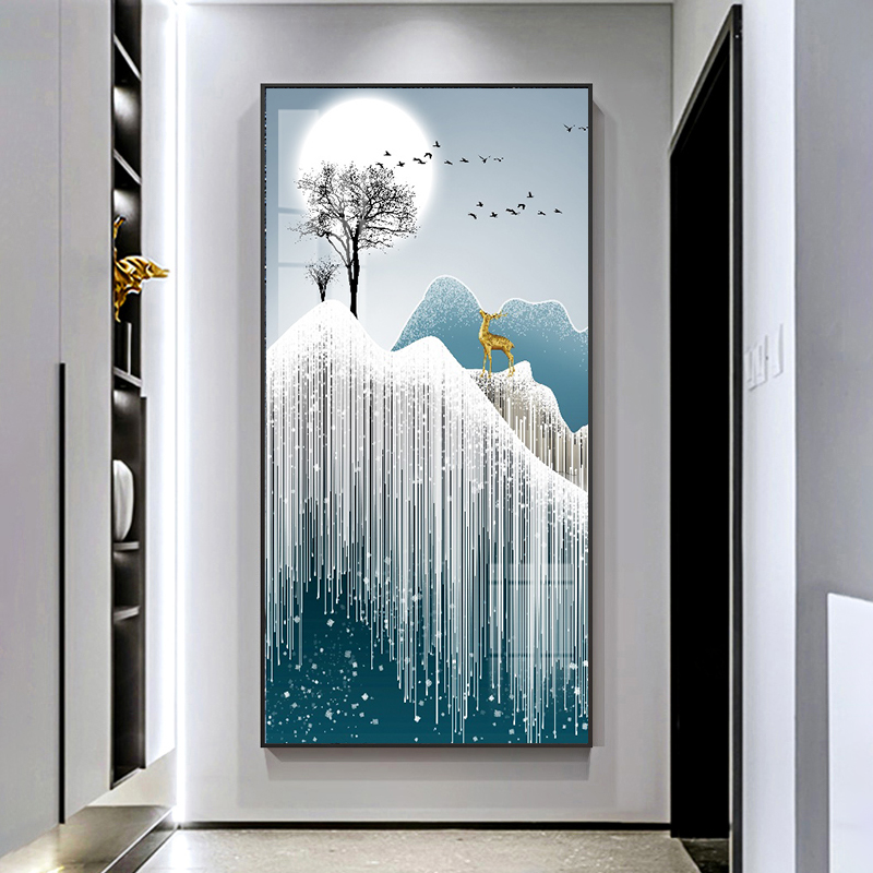轻奢入户玄关装饰画过道客厅过道走廊背景墙挂画麋鹿高档晶瓷壁画图片