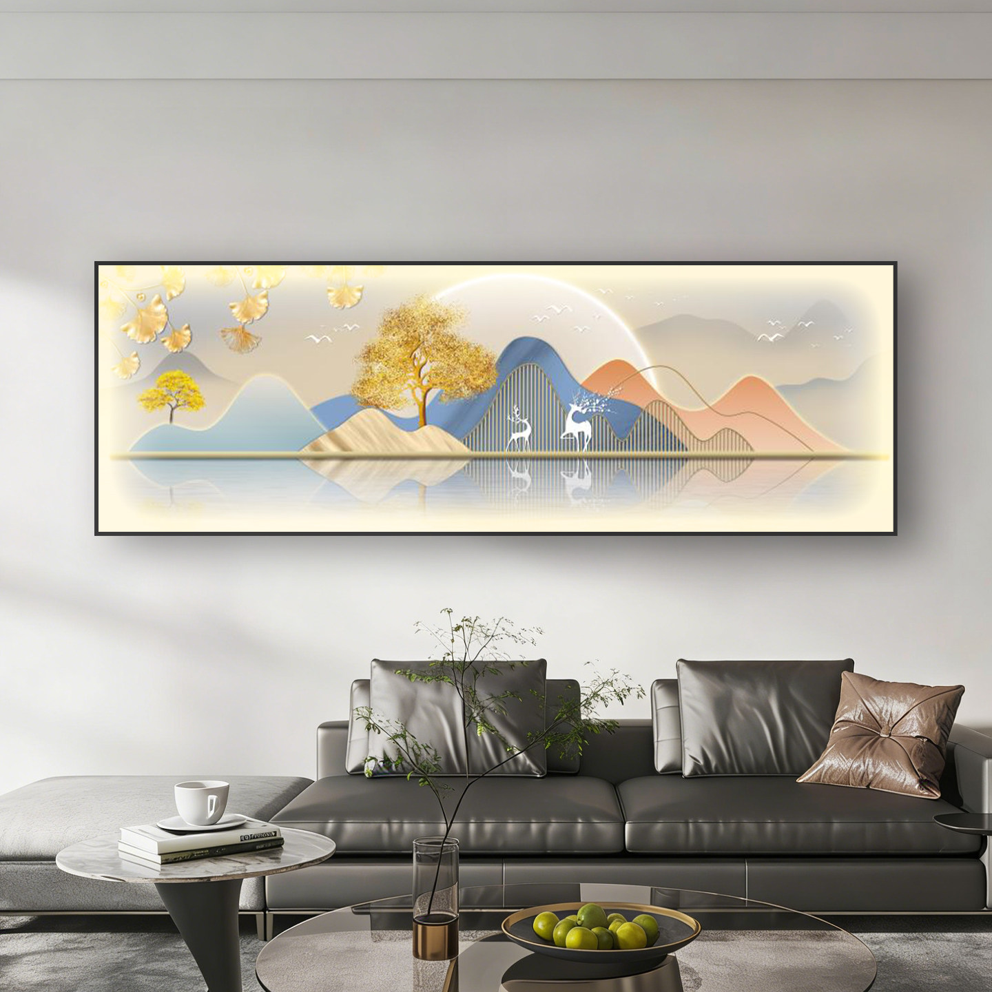 轻奢LED发光灯画客厅沙发背景墙大气高级横版壁画晶瓷免打孔挂画