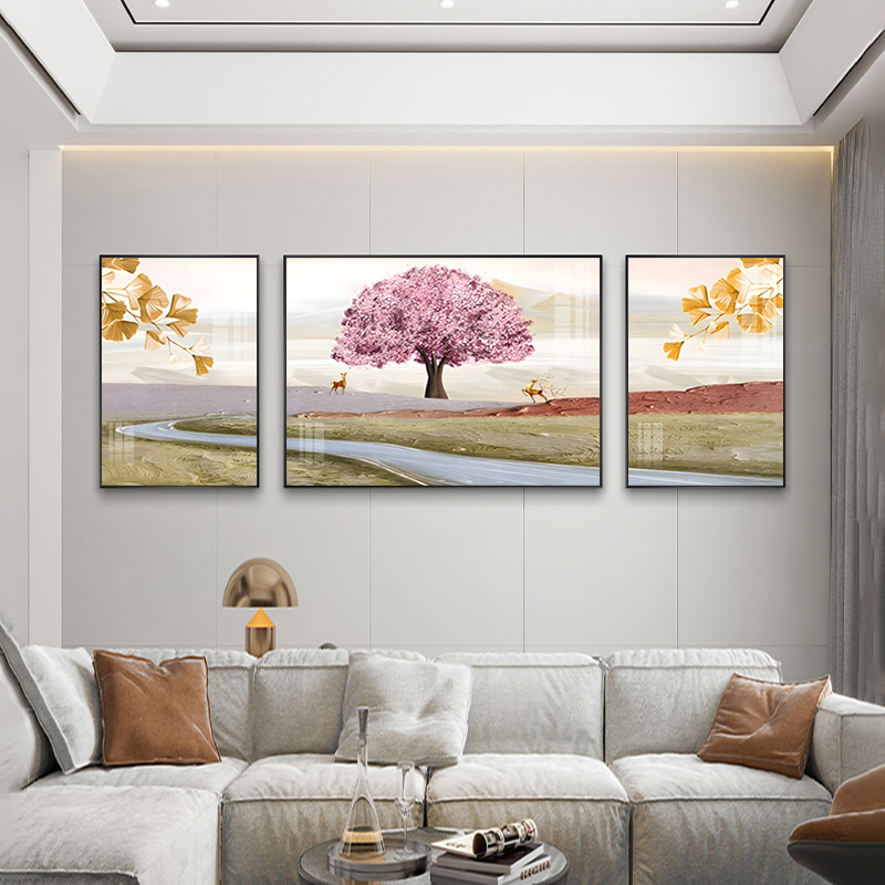 客厅装饰画高档三联画现代轻奢发财树沙发背景墙挂画晶瓷餐厅壁画图片