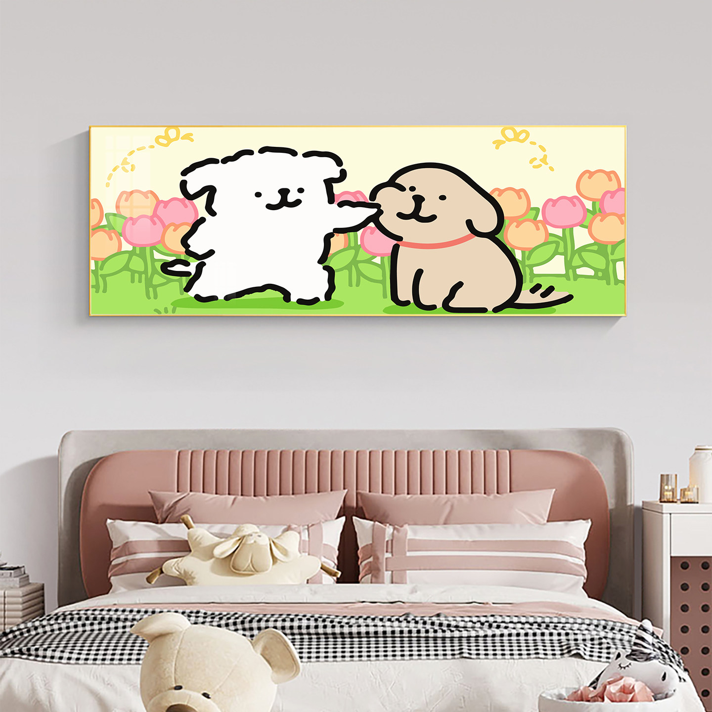 线条小狗卡通晶瓷挂画横幅背景墙卧室客厅可爱温馨创意装饰画