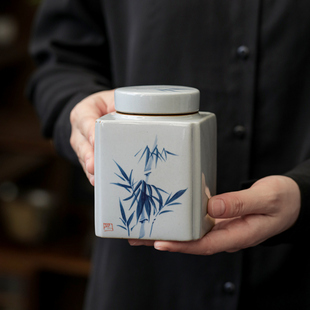 陶瓷中号茶叶罐手绘青竹防潮密封罐空罐可携式不织布家用储物罐茶