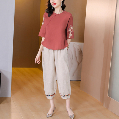 妈妈棉麻中国风套装女士2025