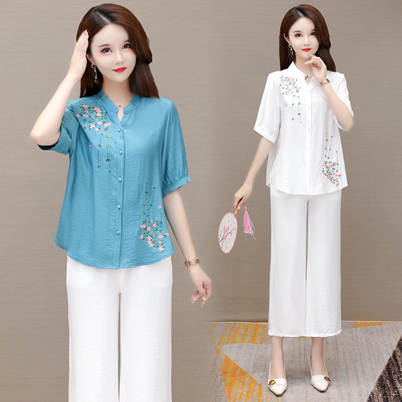 夏装中老年妈妈女装棉麻短袖衬衫套装洋气民族风阔腿裤亚麻两件套