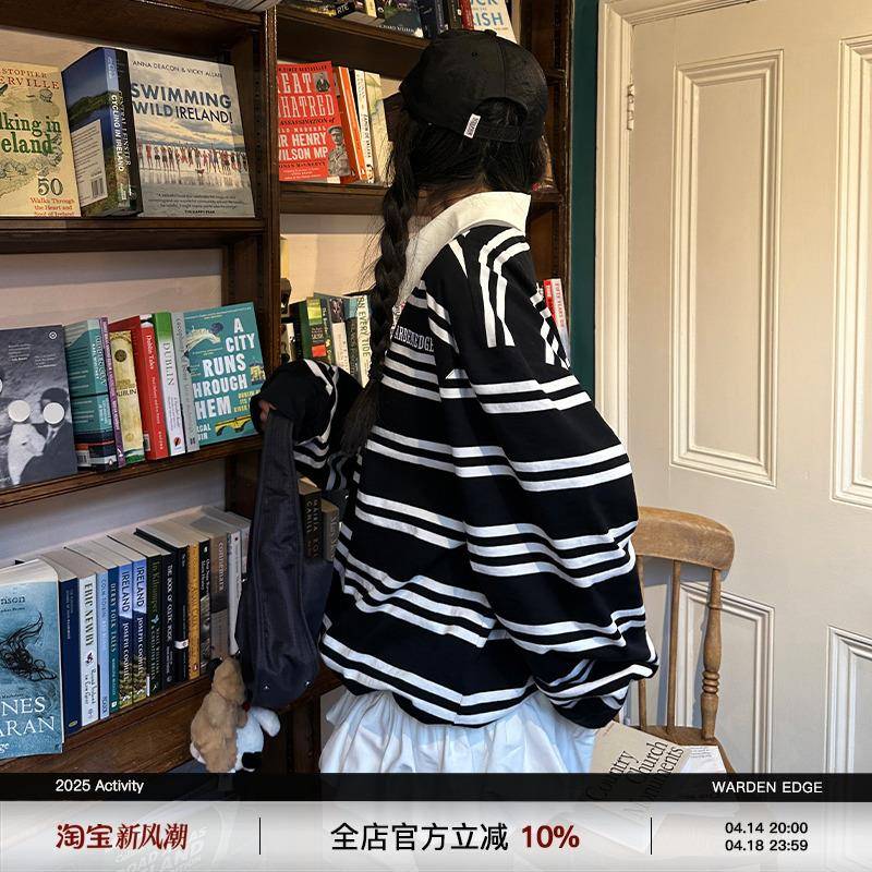韩好甜WARDEN EDGE黑白条纹长袖T恤女宽松显瘦休闲polo领套头上衣