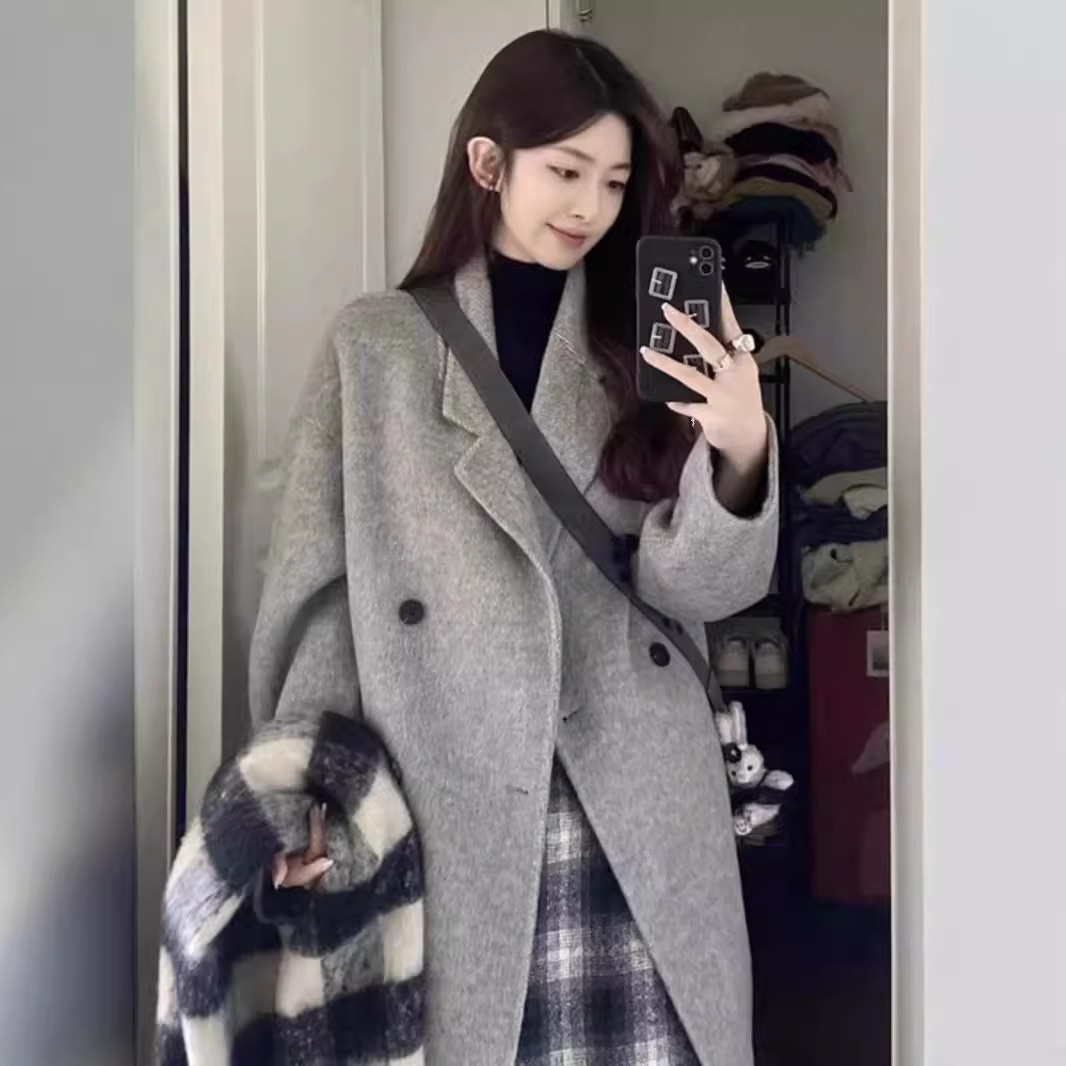 双面羊毛大衣 中长款H版型长毛加厚西装领廓形藏肉纯色羊绒外套