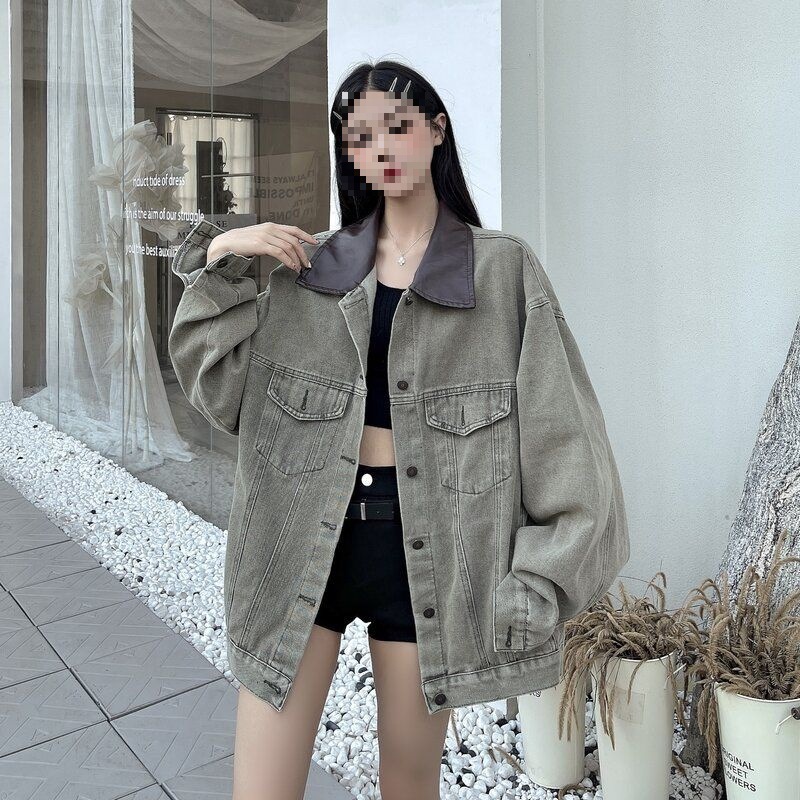 美式复古牛仔外套女秋季2024新款高级感polo领宽松BF风长袖上衣潮