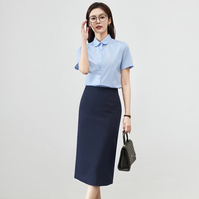 职业蓝色衬衫女短袖圆领夏季薄款工作服通勤正装女裙套装面试衬衣