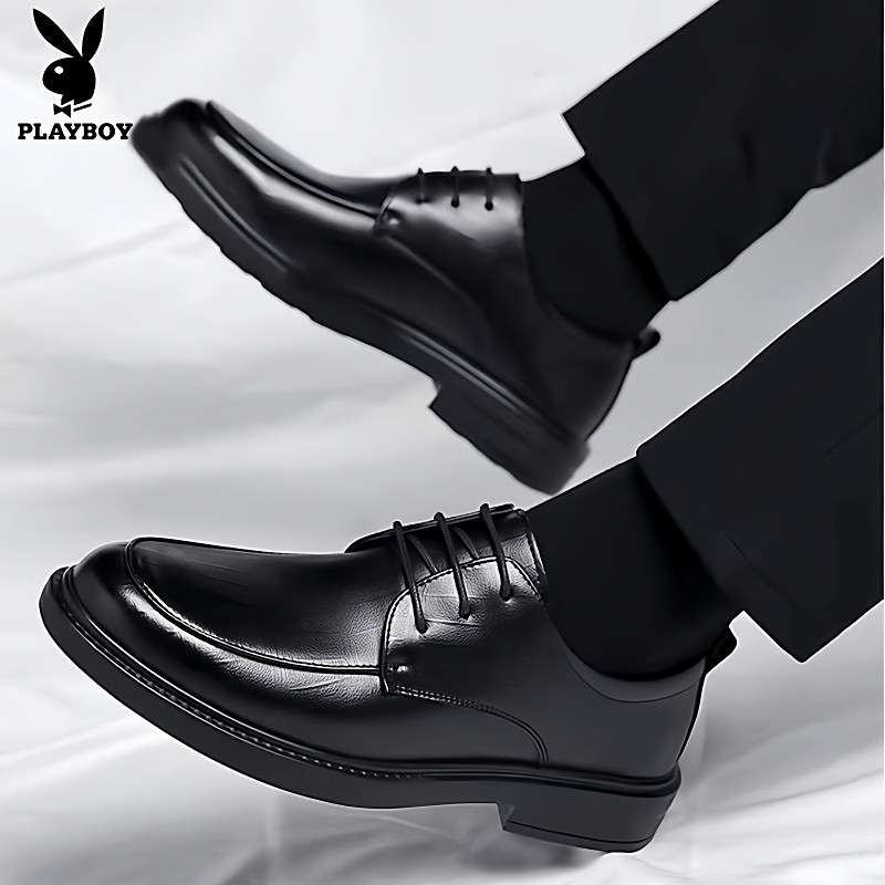 花花公子商务男鞋正装真皮透气英伦新款结婚新郎牛皮软底增高男鞋