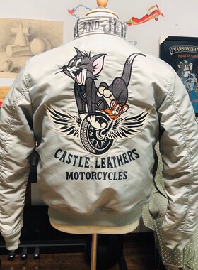 秋冬棉服立领Gwheel飞行服夹克45P猫和老鼠刺绣摩托机车风外套