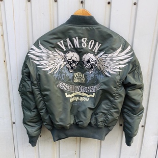 三色Vanson骷髅翅膀飞行服机车棉服 棒球领ma1摩托夹克男女情侣码