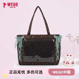【生日礼物】WEGO丝带痛包S/L缎面薄荷巧可缎冰蓝波点单肩托特包